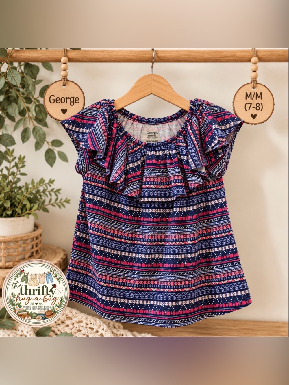 George Girls Ruffle Boho Print Top | Size 7–8 💕💙